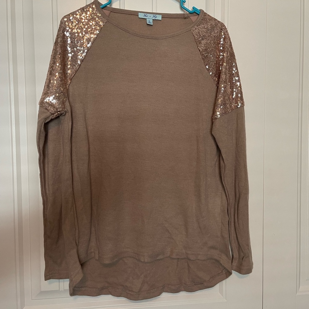 She + Sky Camel Sweater with Sequin Shoulder, Size L